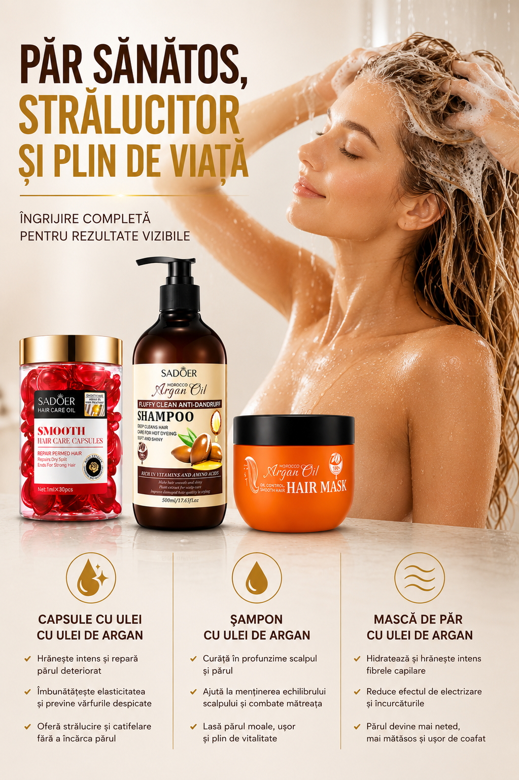 Șampon cu ulei de argan într-un decor premium cu accente aurii